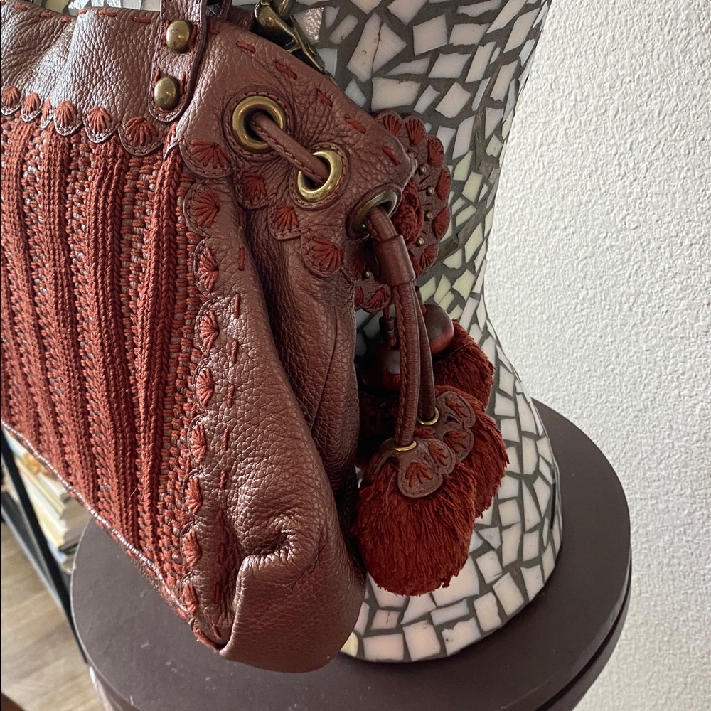 Isabella Fiori Large Shimmery Rust Leather/Knit Pom Tassel Satchel/Hobo Bag - Picture 8 of 11
